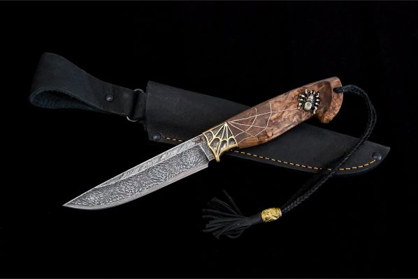 Авторский нож Барс <span>(мозаичный дамаск, стабилизированная карельская береза, резная рукоять, инкрустация)</span>
