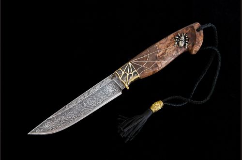 Авторский нож Барс <span>(мозаичный дамаск, стабилизированная карельская береза, резная рукоять, инкрустация)</span>