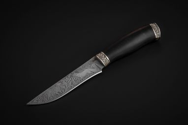 Нож Барс <span><span>(дамаск, черный граб, литье мельхиор, художественное оформление)</span></span>