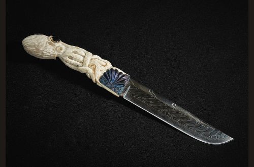 Нож Осьминог <span>(торцевой дамаск, резная рукоять ручной работы)</span>