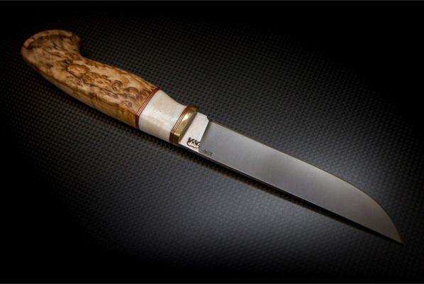 Нож Анчар <span>(S390, спуски от обуха, стабилизированная карельская береза, вставка клык моржа)</span>