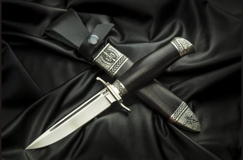 Финка НКВД разборная <span>(М390, стабилизированный черный граб, литье мельхиор, деревянные ножны)</span>