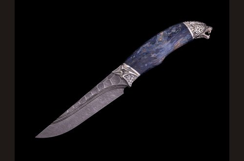 Нож Барс <span>(дамаск, долы - камень, стабилизированная карельская берёза, литьё мельхиор)</span> 