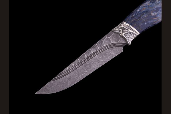 Нож Барс <span>(дамаск, долы - камень, стабилизированная карельская берёза, литьё мельхиор)</span> 