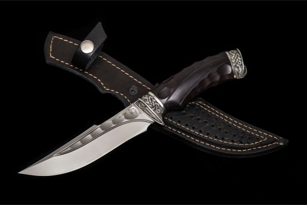 Нож Кайман <span>(Elmax, долы - камень, чёрный граб, литьё мельхиор, резная рукоять)</span>