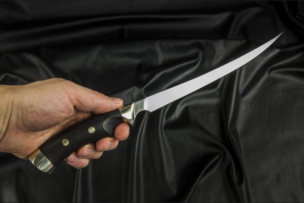 Нож Филейный <span>(х12мф, чёрный граб, мельхиор, мозаичные пины, выемка под палец)</span>