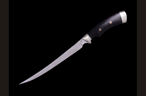 Нож Филейный <span>(Elmax, чёрный граб, мельхиор, мозаичные пины, выемка под палец)</span>