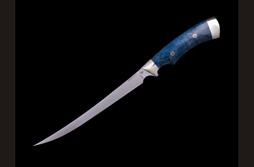 Нож Филейный <span>(Elmax, стабилизированная карельская береза синяя, мельхиор, мозаичные пины, выемка под палец)</span>