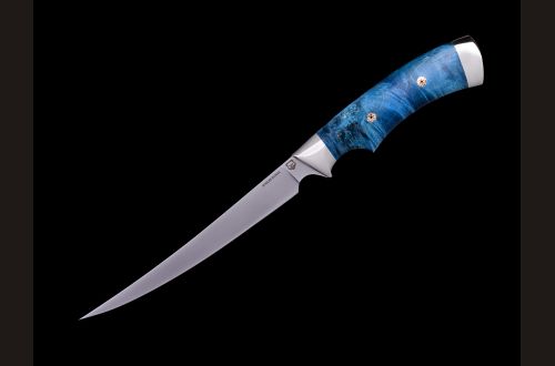 Нож Филейный малый <span>(Elmax, стабилизированный кап клена, мельхиор, мозаичные пины, выемка под палец)</span>