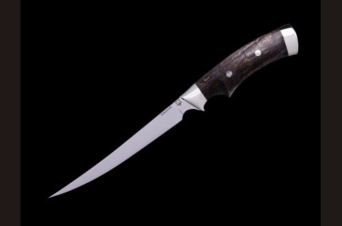 Нож Филейный малый <span>(N690, стабилизированная карельская береза, мельхиор, мозаичные пины, выемка под палец)</span>