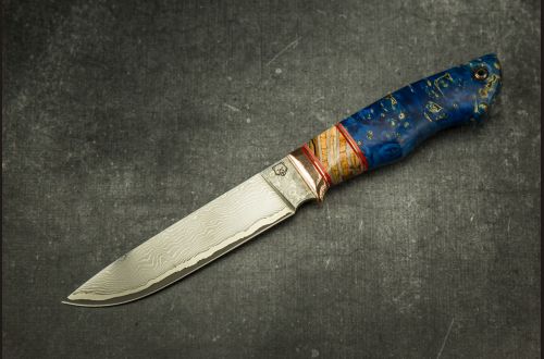 Нож Лиса <span>(S390 обкладки нержавеющий дамаск, гарда макуме-гане, стабилизированный зуб мамонта , кап клена)</span> мозаичный пин под темляк