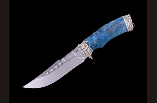 Нож Кайман <span>(k390, долы - камень, стабилизированная карельская береза, литьё мельхиор, резная рукоять)</span>