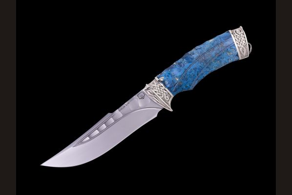 Нож Кайман <span>(k390, долы - камень, стабилизированная карельская береза, литьё мельхиор, резная рукоять)</span>