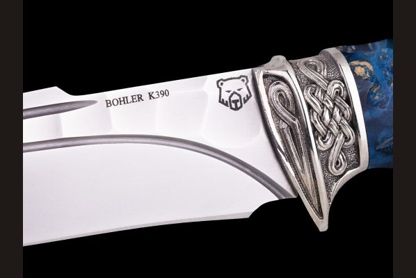 Нож Кайман <span>(k390, долы - камень, стабилизированная карельская береза, литьё мельхиор, резная рукоять)</span>