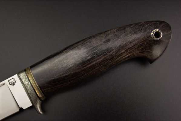 Нож Велес <span>(М390, стабилизированная карельская берёза, литьё из бронзы с эффектом патины, мозаичный пин под темляк, формованные ножны)</span>