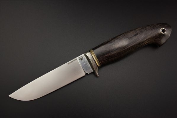 Нож Велес <span>(М390, стабилизированная карельская берёза, литьё из бронзы с эффектом патины, мозаичный пин под темляк, формованные ножны)</span>