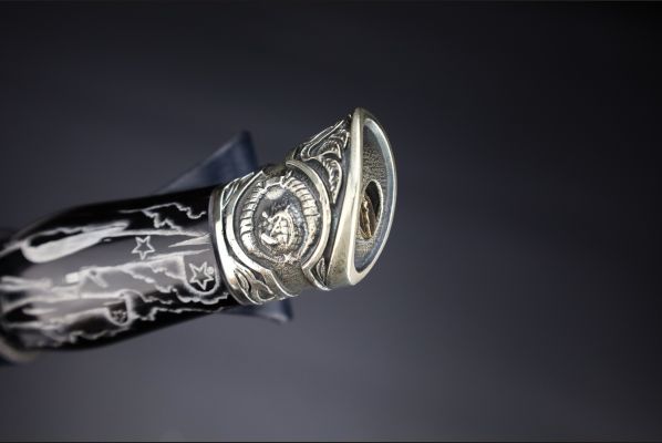 Авторская Финка НКВД разборная <span>(мозаичный дамаск с никелем,рукоять и ножны из рога буйвола, скримшоу, литье мельхиор)</span>