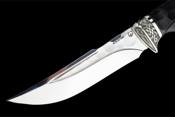 Нож Кайман <span>(N690, долы - камень, черный граб, литьё мельхиор, резная рукоять)</span>