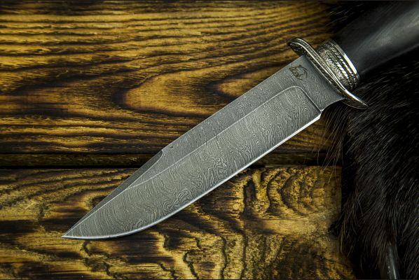 Нож Разведчик 2 <span>(дамаск, чёрный граб, литье мельхиор)</span>