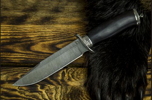 Нож Разведчик 2 <span>(дамаск, чёрный граб, литье мельхиор)</span>