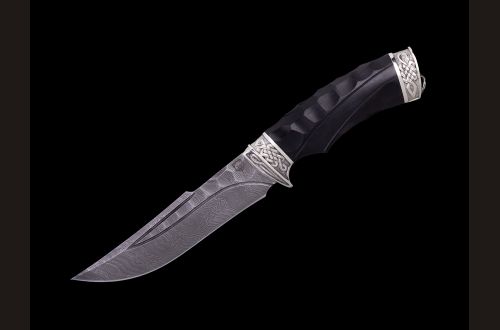 Нож Кайман <span>(дамаск, долы - камень, чёрный граб, литьё мельхиор, резная рукоять)</span> 