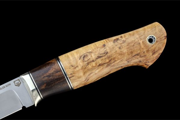 Нож Анчар <span>(M390, больстер мельхиор, вставка айронвуд, стабилизированная карельская береза, мозаичный пин под темляк)</span>