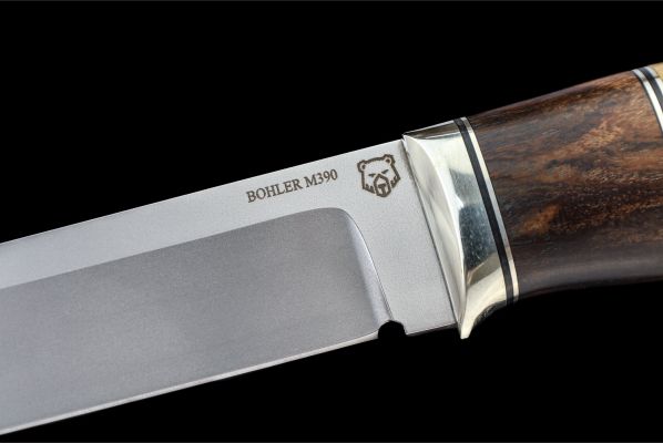 Нож Анчар <span>(M390, больстер мельхиор, вставка айронвуд, стабилизированная карельская береза, мозаичный пин под темляк)</span>