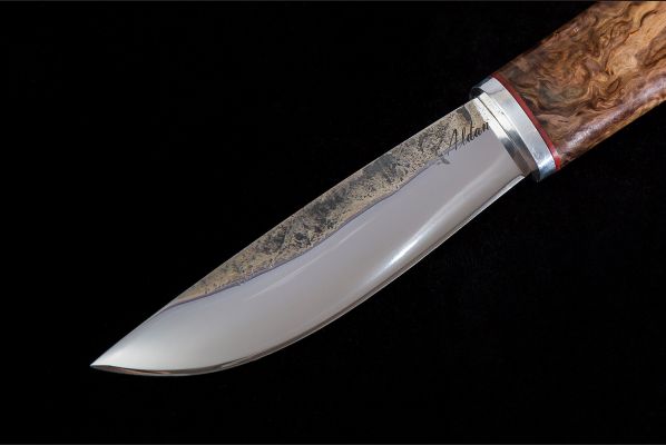 Нож Якутский малый №44 деревянные ножны <span>(сталь х12мф, стабилизированная карельская береза, притин дюраль, Кованый дол)</span>