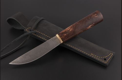 Нож Севера средний №19 <span>(дамасская сталь, стабилизированная карельская береза коричневая, притин латунь)</span>