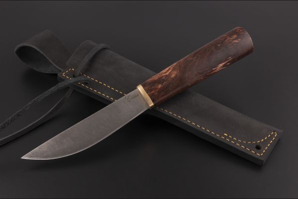 Нож Якутский средний №19 <span>(дамасская сталь, стабилизированная карельская береза коричневая, притин латунь)</span>