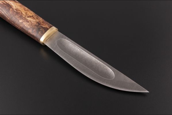 Нож Якутский средний №19 <span>(дамасская сталь, стабилизированная карельская береза коричневая, притин латунь)</span>