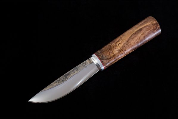 Нож Якутский малый №44 <span>(сталь х12мф, стабилизированная карельская береза, притин дюраль, Кованый дол)</span>