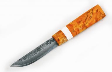 Нож Якутский малый №14 <span><span>(дамасская сталь, стабилизированная карельская береза, вставка рог лося в середине, Кованый дол)</span></span>