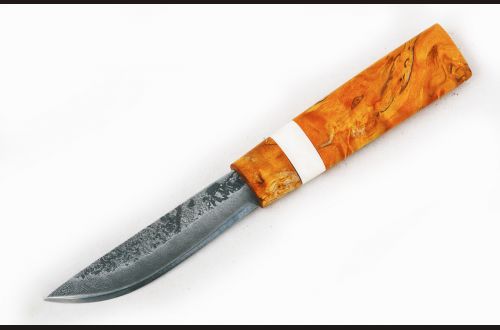 Нож Севера малый №14 <span>(дамасская сталь, стабилизированная карельская береза, вставка рог лося в середине, Кованый дол)</span>
