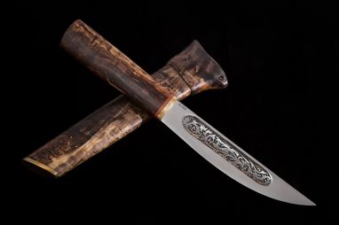 Нож Якутский большой №43 деревянные ножны <span><span>(сталь х12мф, стабилизированная карельская береза, вставка латунь впереди)</span></span>