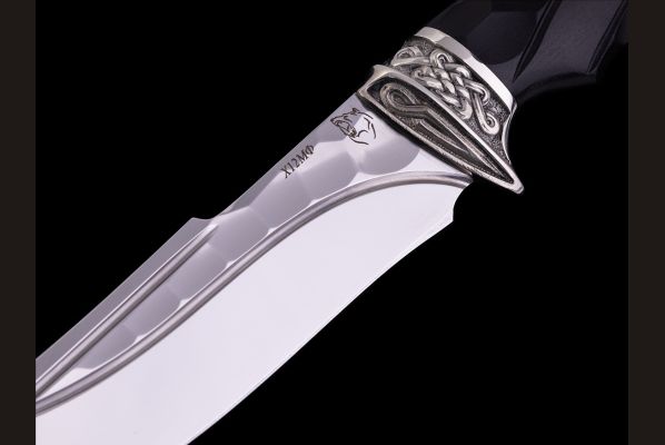 Нож Кайман <span>(х12мф, долы - камень, чёрный граб, литьё мельхиор, резная рукоять)</span>