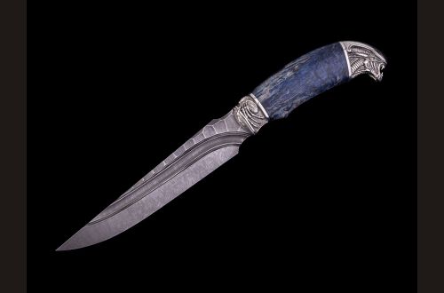 Нож Каратель <span>(дамаск, долы - камень, стабилизированная карельская берёза, литьё мельхиор - Чужой)</span> 