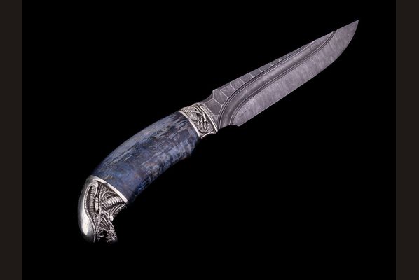 Нож Каратель <span>(дамаск, долы - камень, стабилизированная карельская берёза, литьё мельхиор - Чужой)</span> 