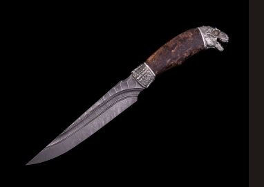 Нож Каратель <span><span>(дамаск, долы - камень, стабилизированная карельская берёза, литьё мельхиор - Рекс)</span></span> 