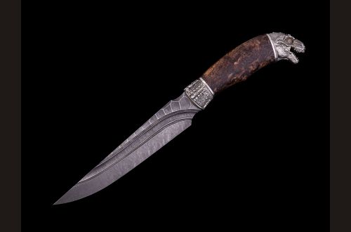 Нож Каратель <span>(дамаск, долы - камень, стабилизированная карельская берёза, литьё мельхиор - Рекс)</span> 