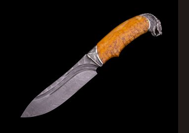 Нож Сибирь <span><span>(дамаск, долы - камень, стабилизированная карельская берёза, литьё мельхиор)</span></span> 