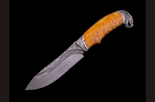 Нож Сибирь <span>(дамаск, долы - камень, стабилизированная карельская берёза, литьё мельхиор)</span> 