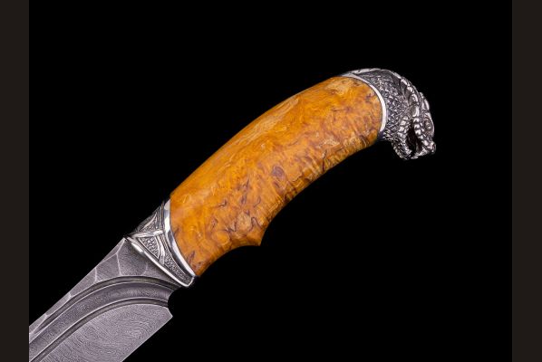 Нож Сибирь <span>(дамаск, долы - камень, стабилизированная карельская берёза, литьё мельхиор)</span> 