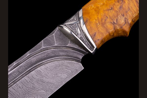 Нож Сибирь <span>(дамаск, долы - камень, стабилизированная карельская берёза, литьё мельхиор)</span> 