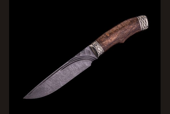 Нож Лиса <span>(дамаск, долы - камень, стабилизированная карельская берёза, литьё мельхиор)</span> 