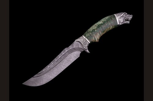 Нож Парнас <span>(дамаск, долы - камень, стабилизированная карельская берёза, литьё мельхиор 2)</span> 