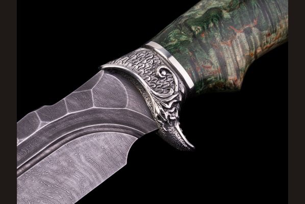 Нож Парнас <span>(дамаск, долы - камень, стабилизированная карельская берёза, литьё мельхиор 2)</span> 