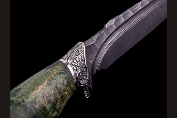 Нож Парнас <span>(дамаск, долы - камень, стабилизированная карельская берёза, литьё мельхиор 2)</span> 