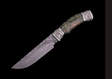 Нож Походный <span><span>(дамаск, долы - камень, стабилизированная карельская берёза, литьё мельхиор)</span></span> 