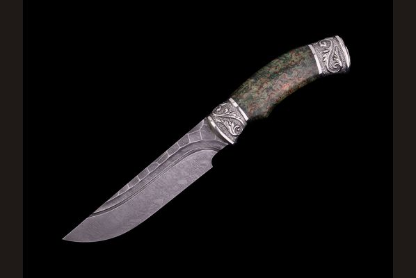 Нож Походный <span>(дамаск, долы - камень, стабилизированная карельская берёза, литьё мельхиор)</span> 